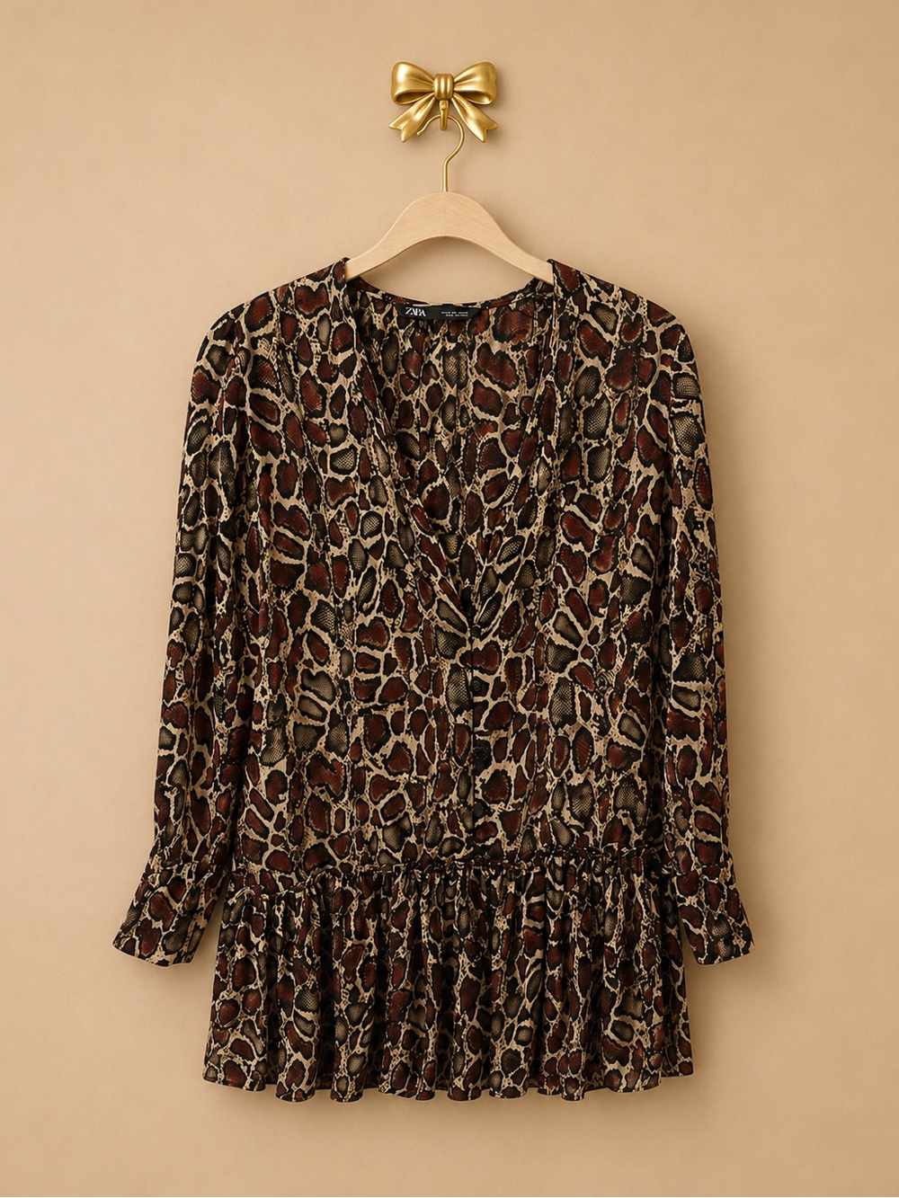 Zara Long Sleeve Animal Print V-Neck Peplum Dress - Brown & Red